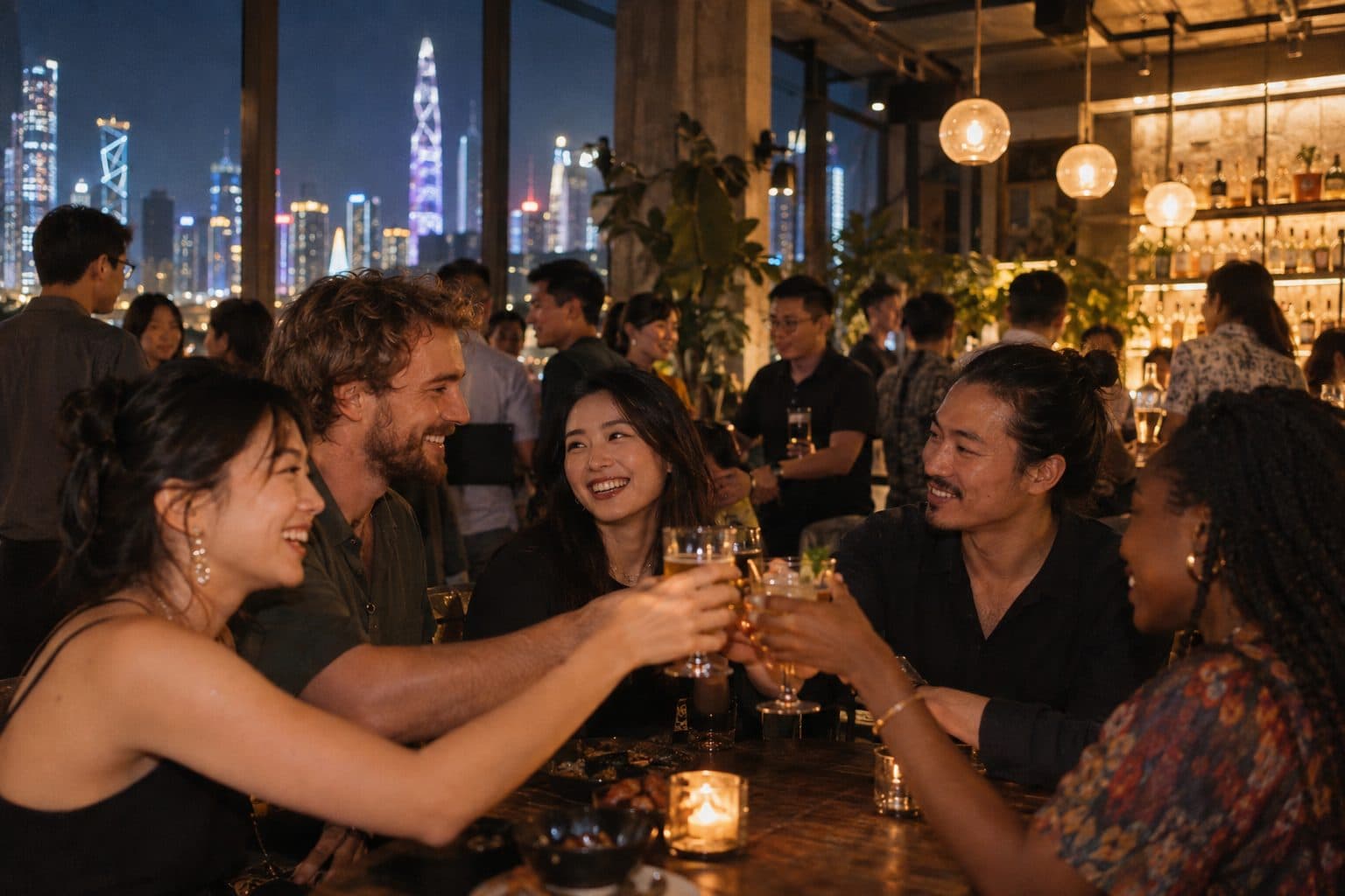 Professionals raising a glass at an evening mixer with the Shenzhen skyline behind