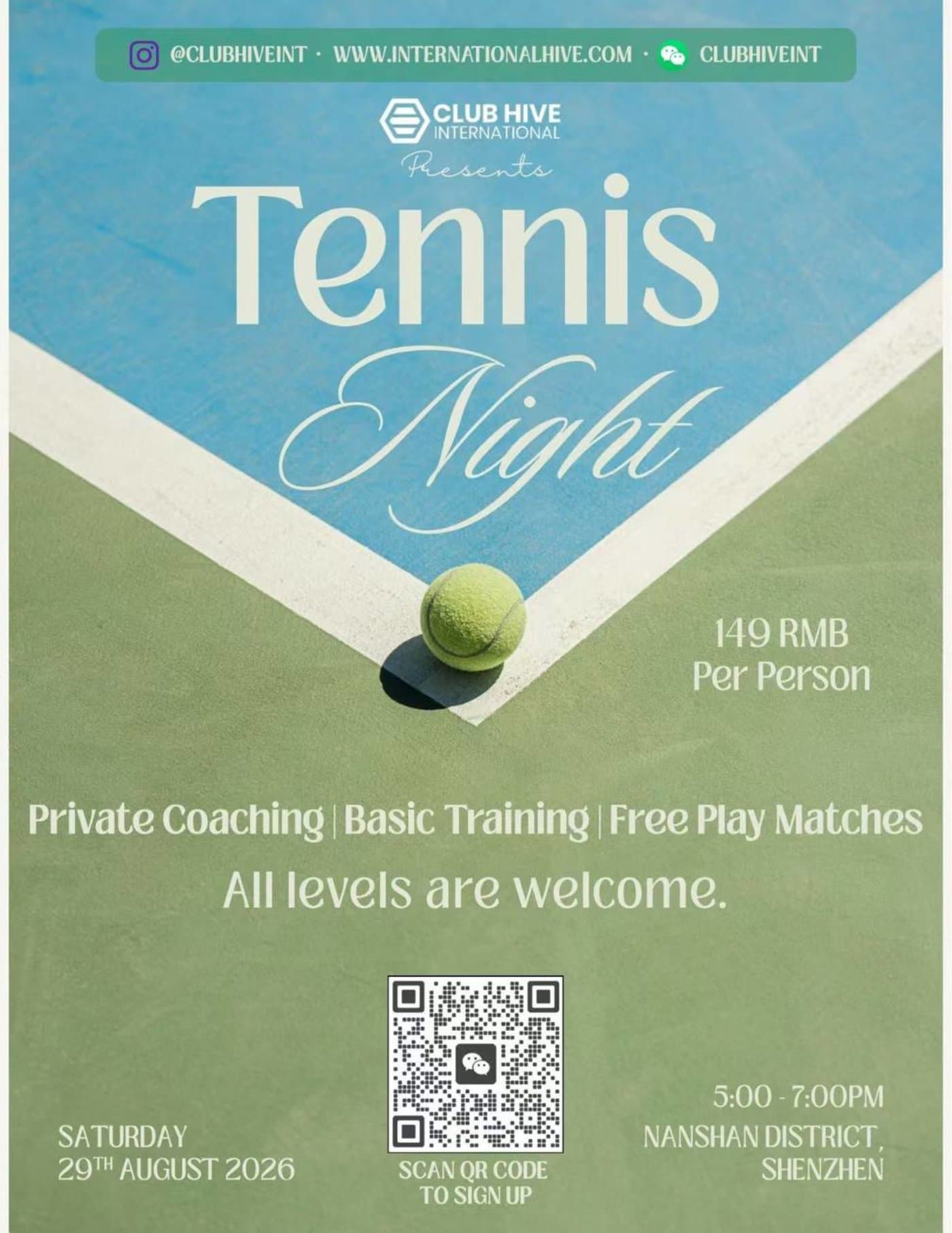 Tennis Night with Club Hive poster with WeChat QR code
