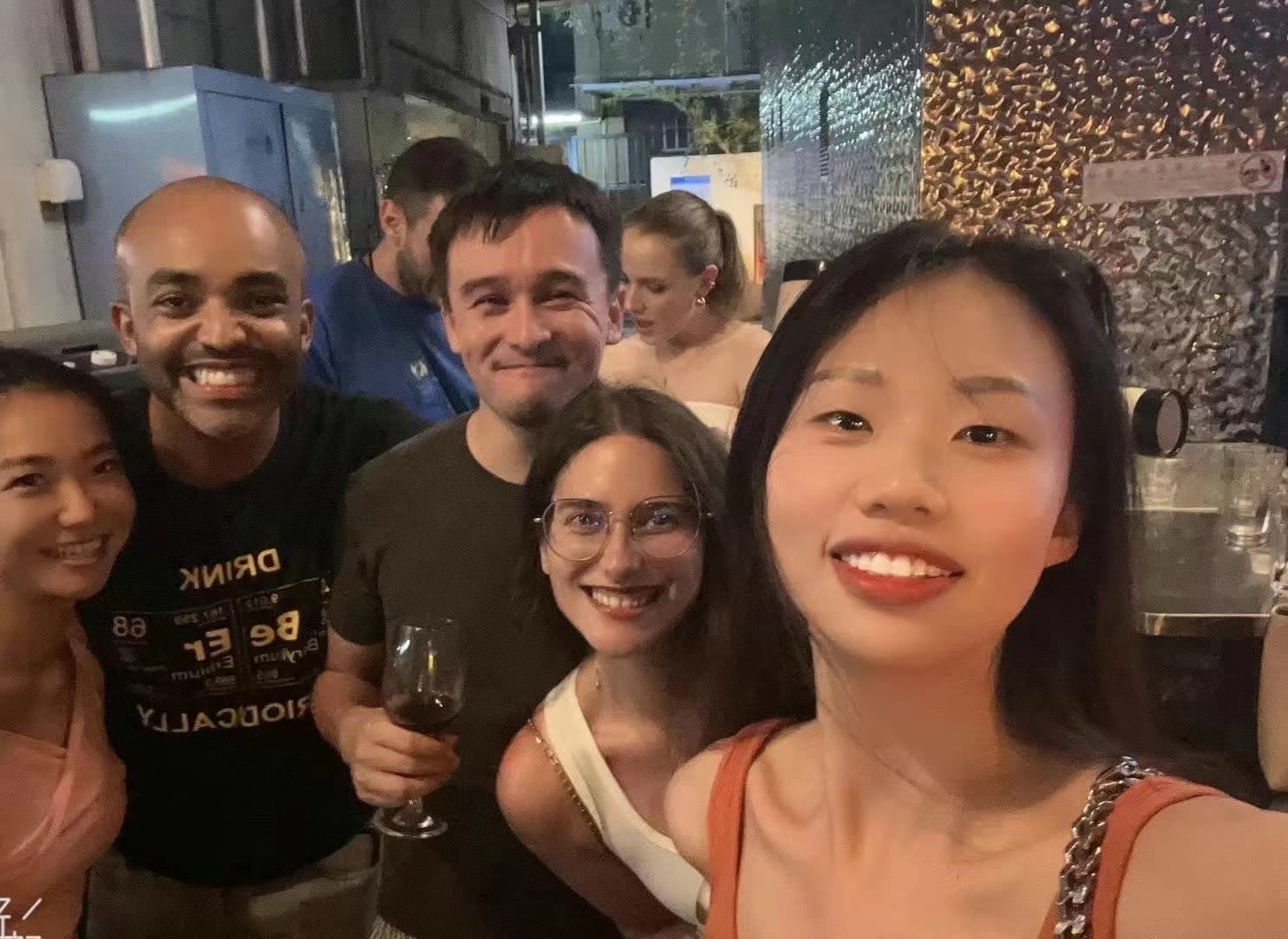 Friends gathering at the bar area