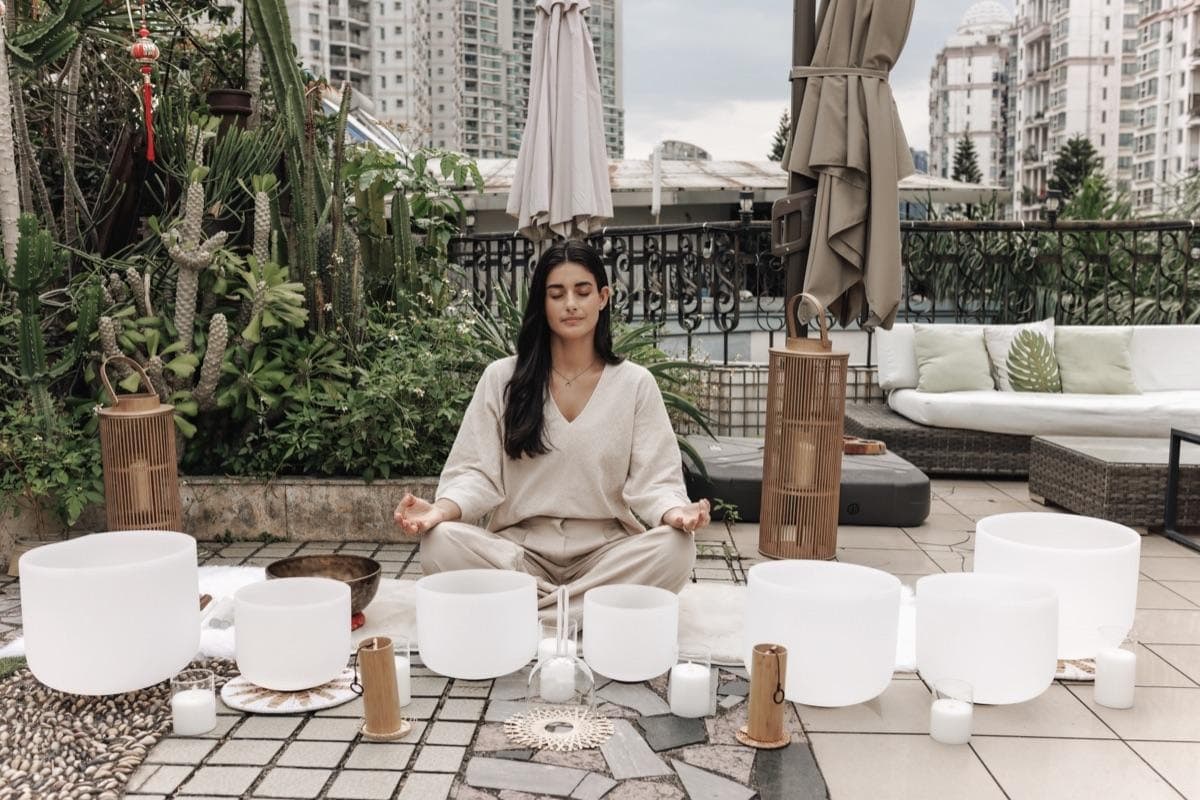 Crystal singing bowls set out on The Garden's terrace