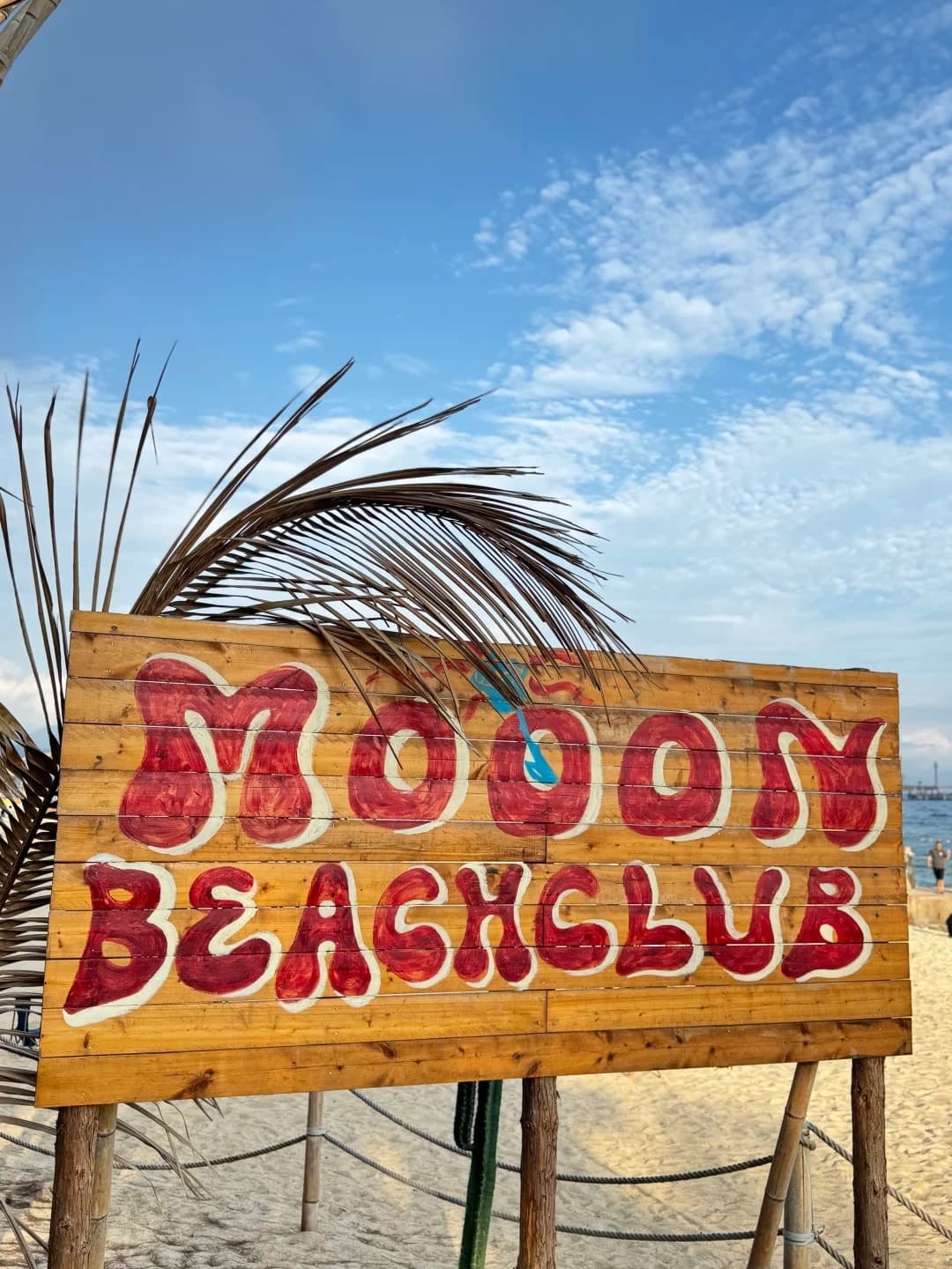 The MOOON BEACH CLUB sign under the palms, Rose Coast